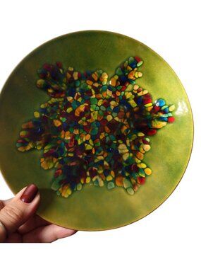 Kareka MCM Enamel on Copper Mosaic Style Dish 7.5" Abstract Vintage Metallic